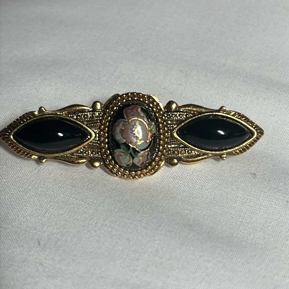1928 Art Nouveau Styled Black Floral Gold Tone Pin Brooch Vintage